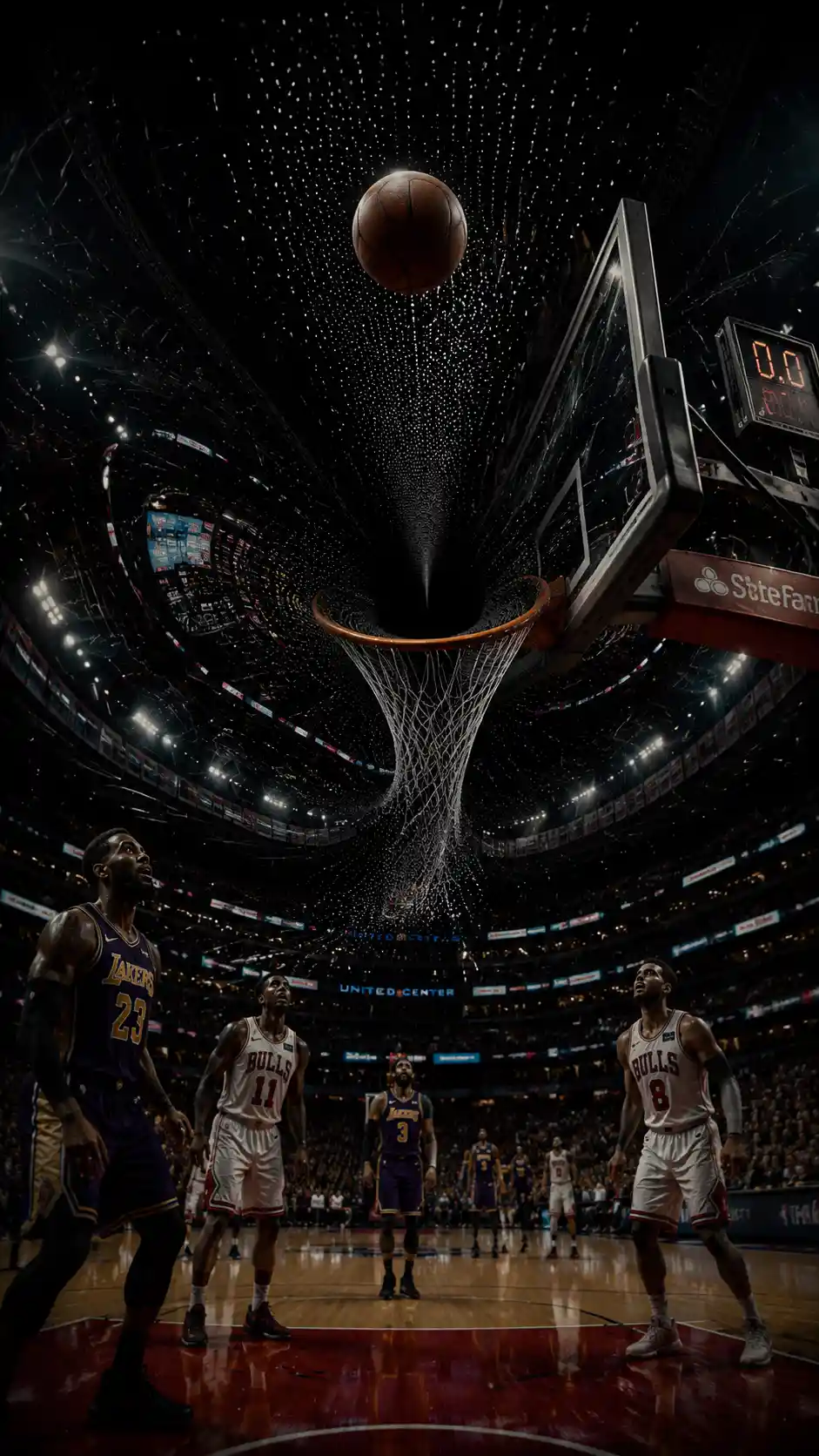 Basketball Suspended Above Hoop In Surreal Warped Arena