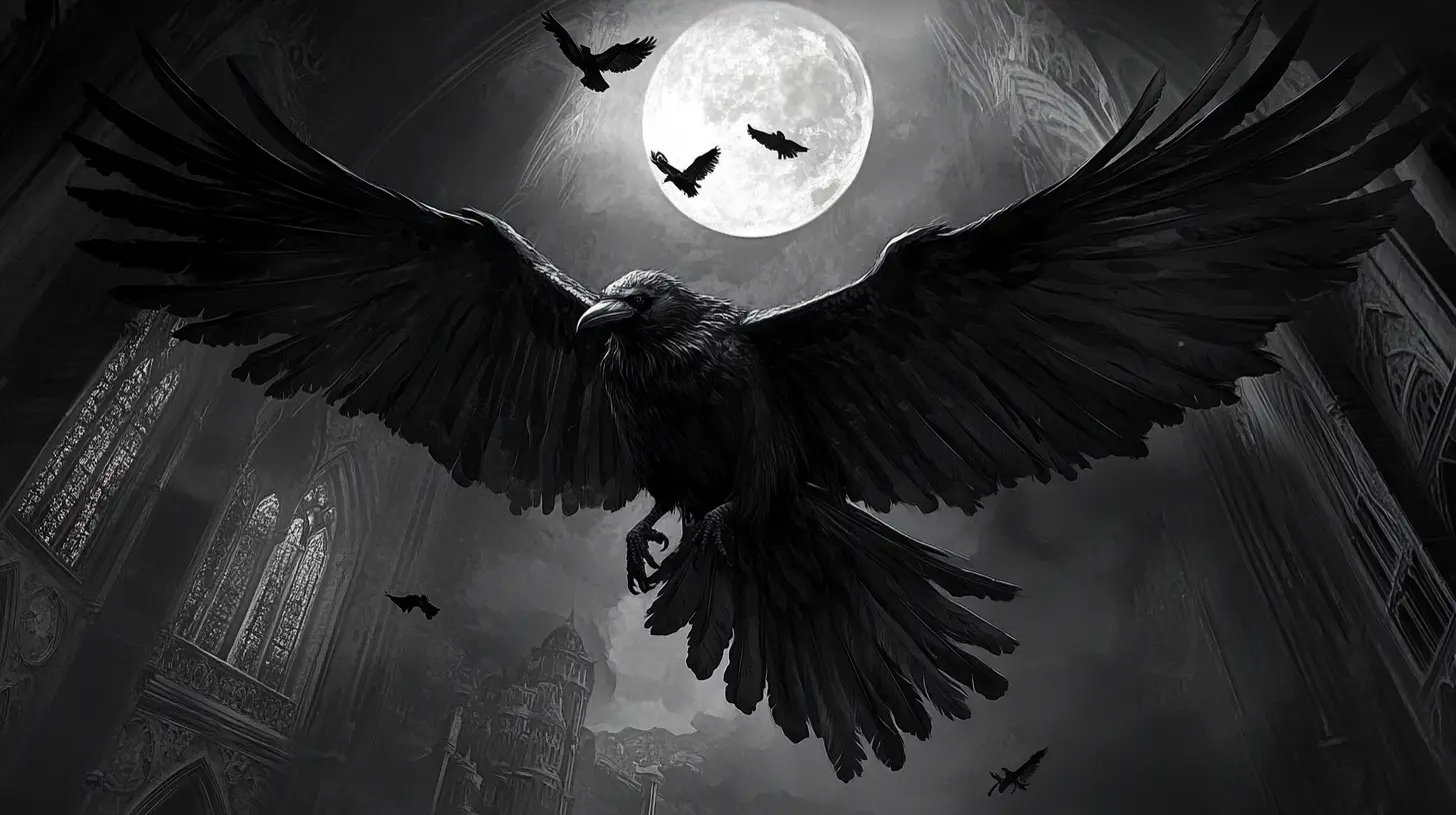 Gothic raven silhouette woven with hidden cathedral details