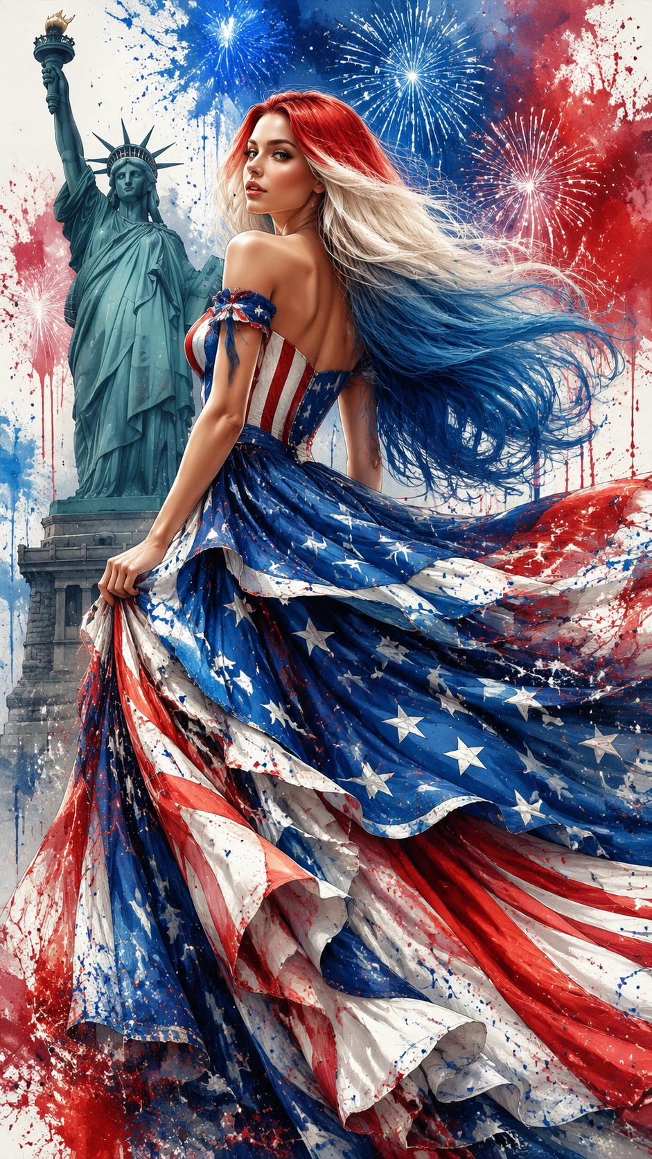 Garota em ilustração de moda com vestido fluido inspirado na bandeira americana
