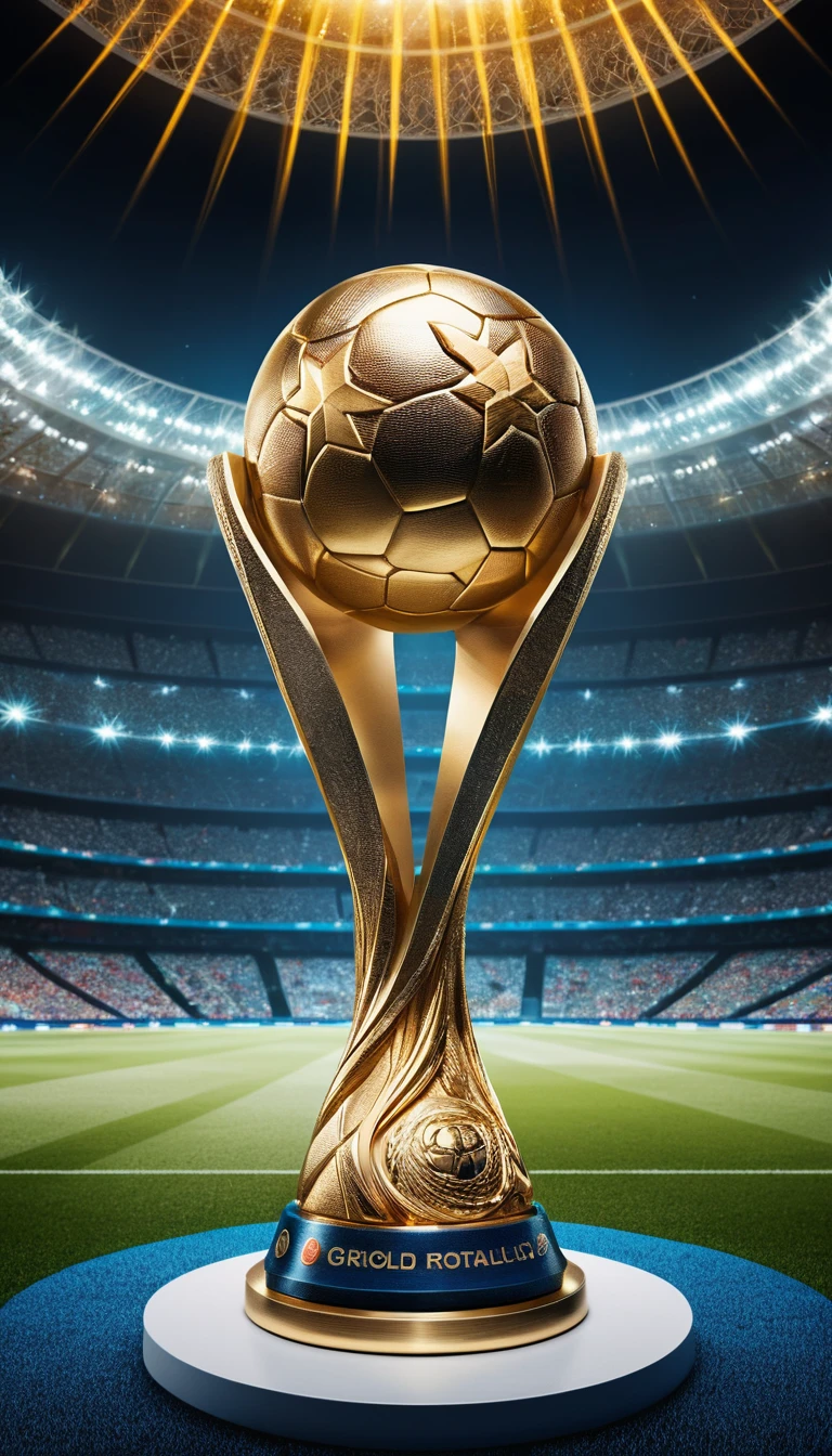 Trofeo della Coppa del Mondo che brilla in un grande stadio moderno