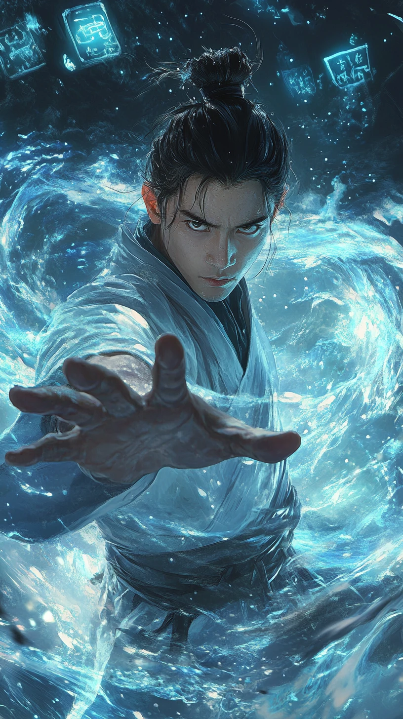 Jeune artiste martial invoquant une eau magique bleue tourbillonnante