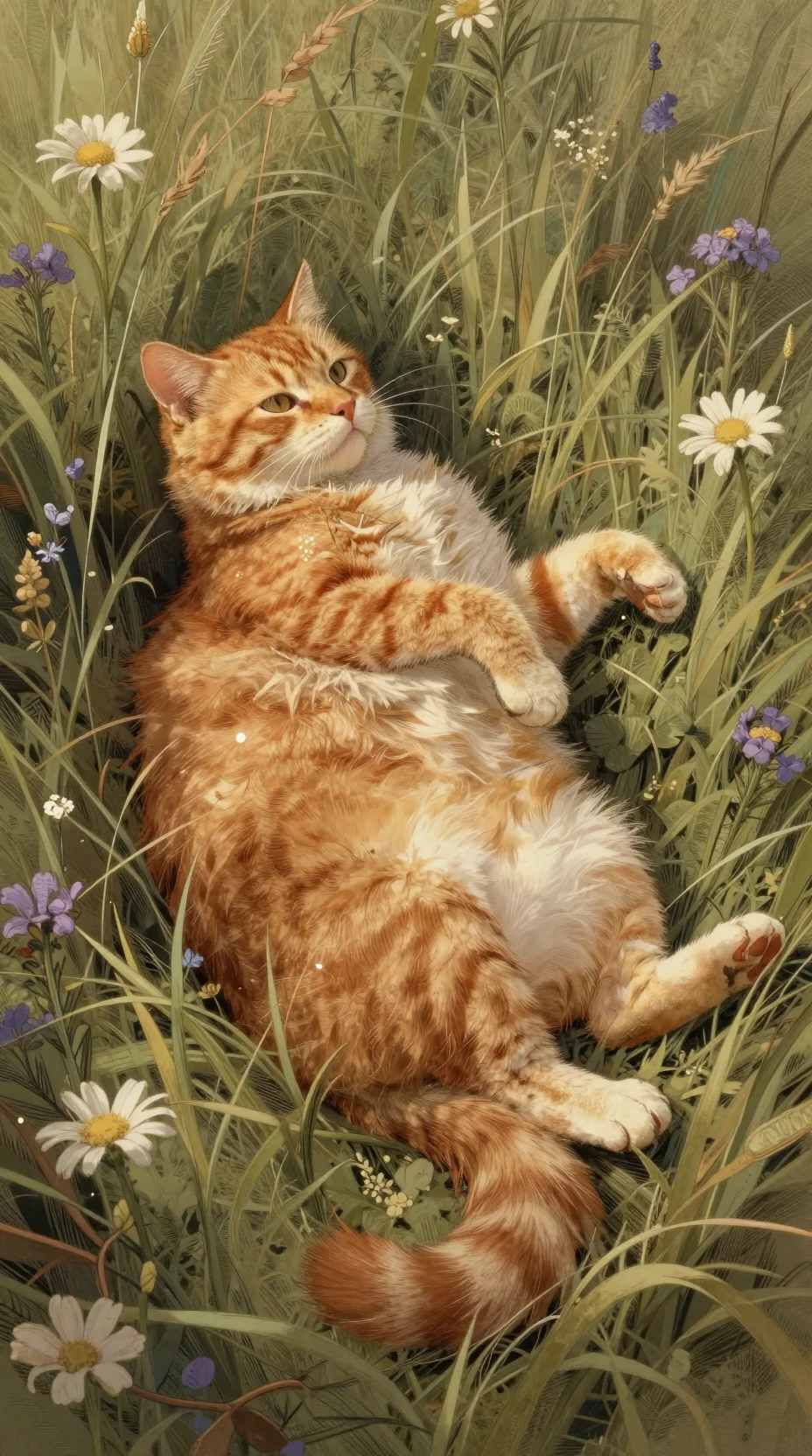 Gato ruivo deitado em um prado de livro de contos vintage