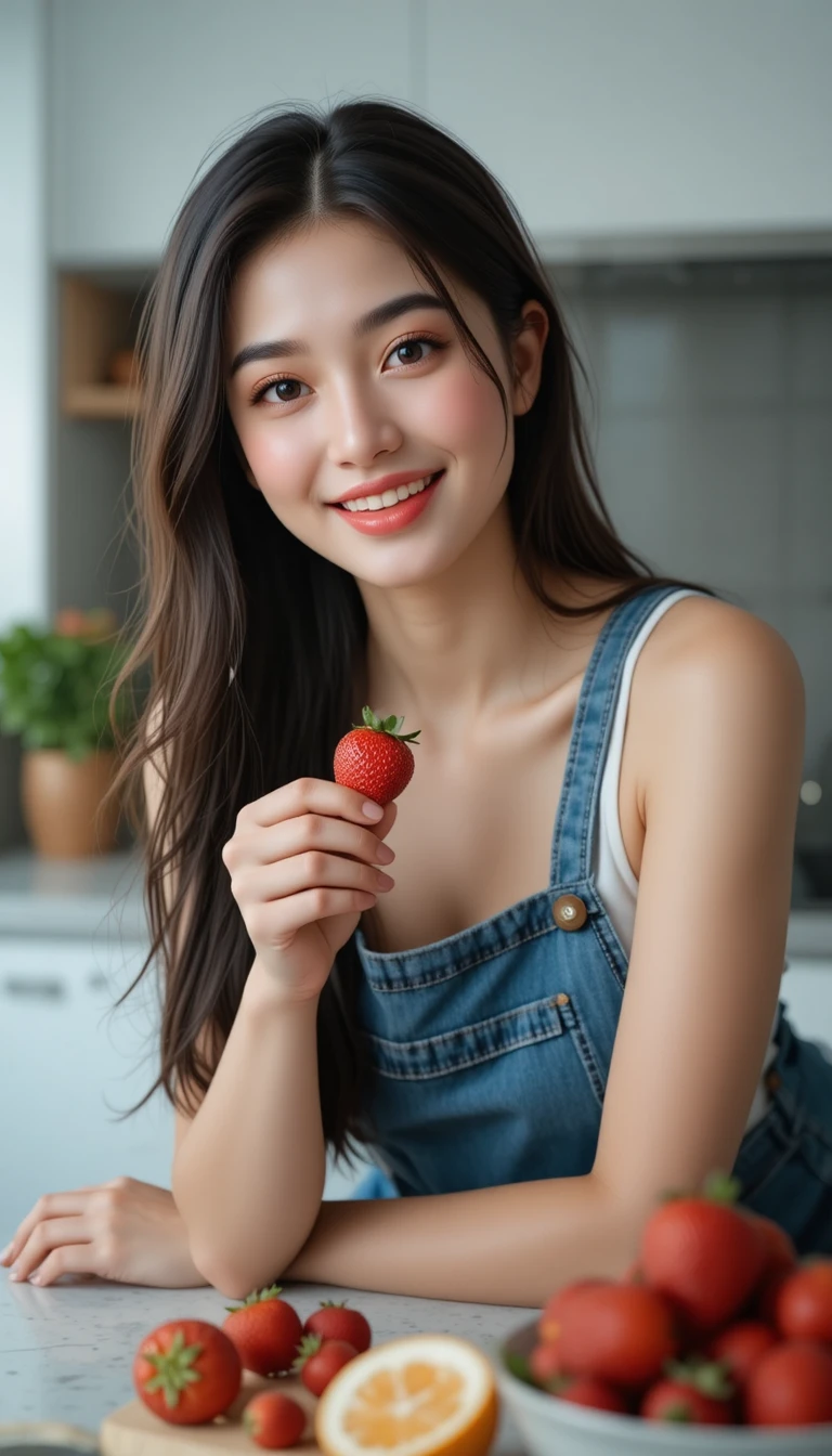Portrait d’une jeune femme avec une fraise dans une cuisine chaleureuse