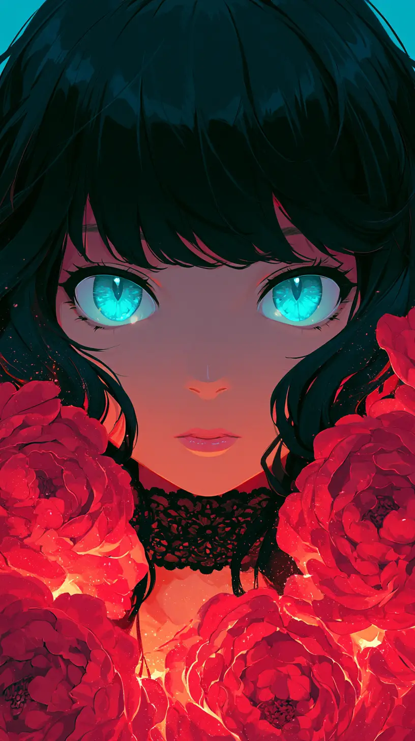 青色眼睛與紅花的動漫少女肖像