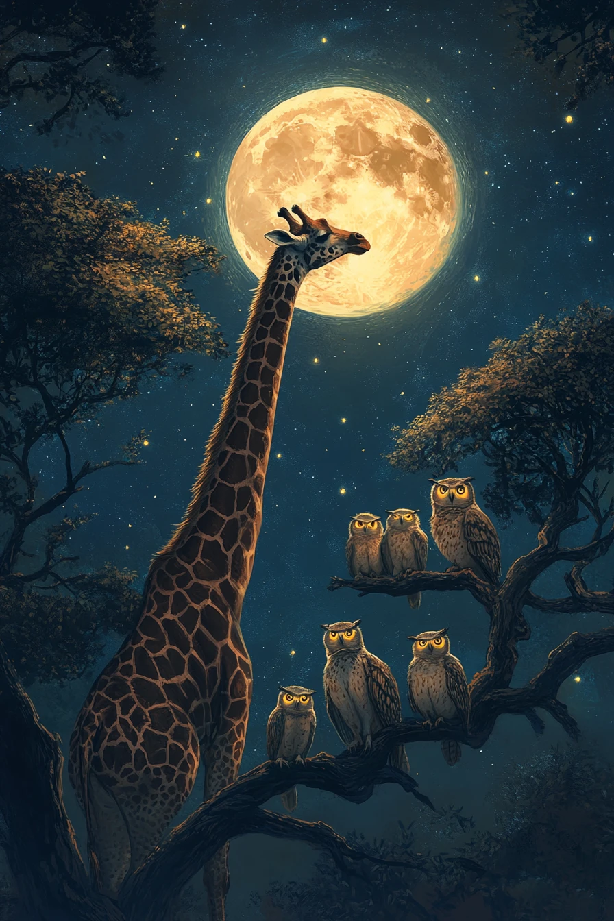 Girafa Alcançando a Lua Brilhante em um Céu Estrelado