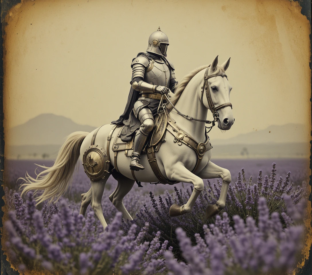 Cavaliere medievale su destriero bianco che carica in un campo di lavanda