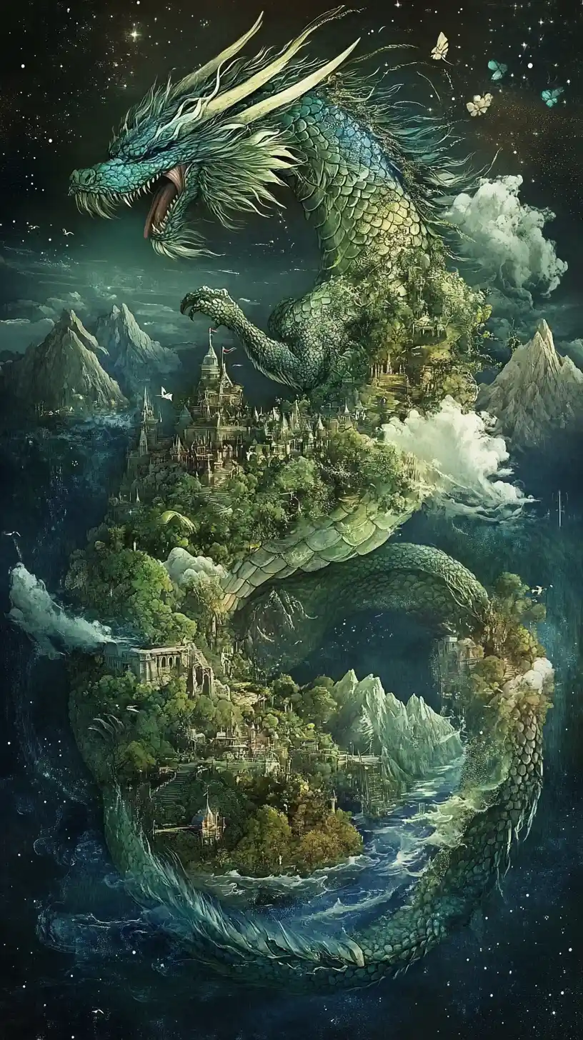 Ancient dragon guardian sleeping curled around the world