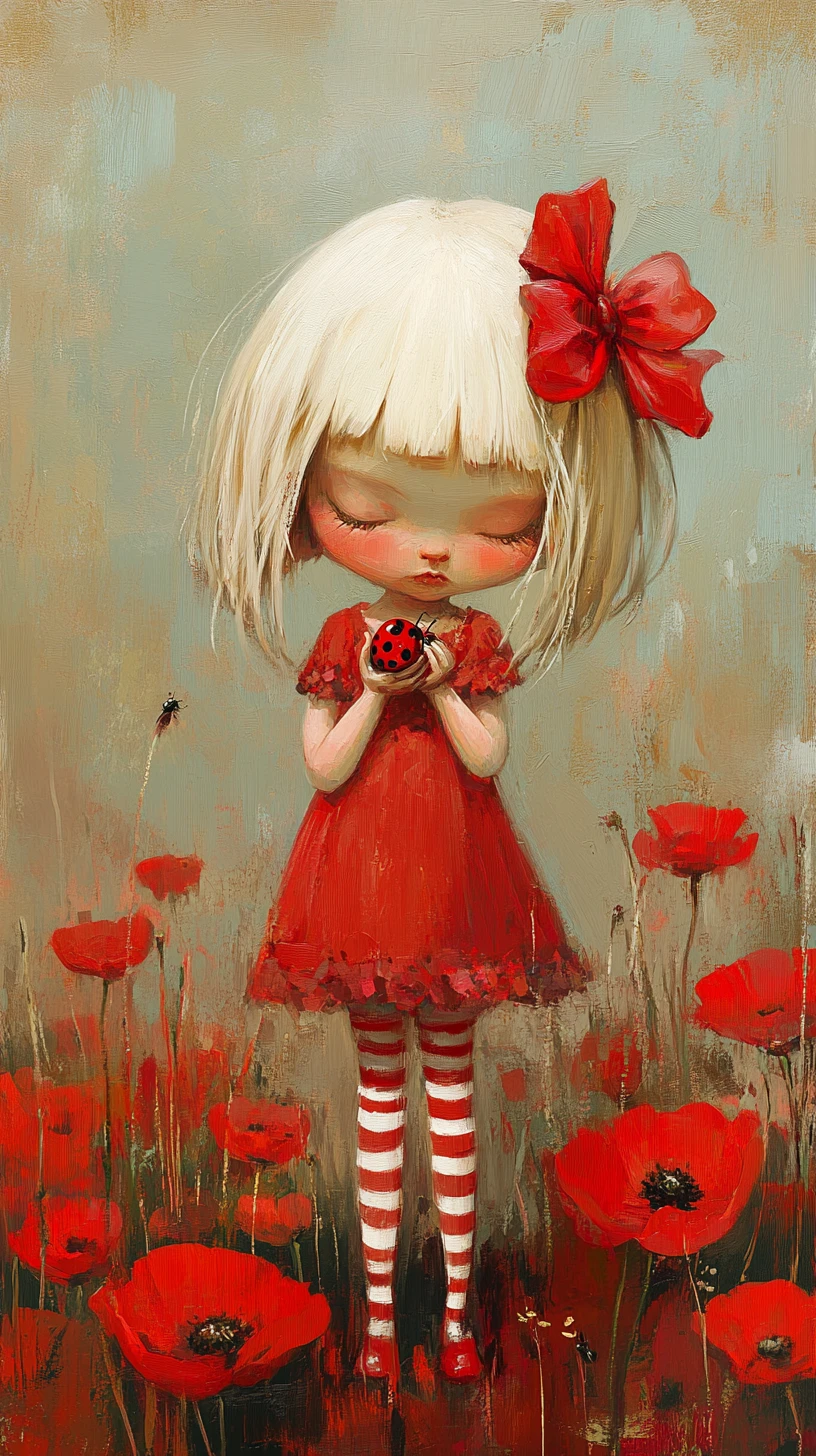 Petite fille avec une coccinelle dans un champ de coquelicots rouges