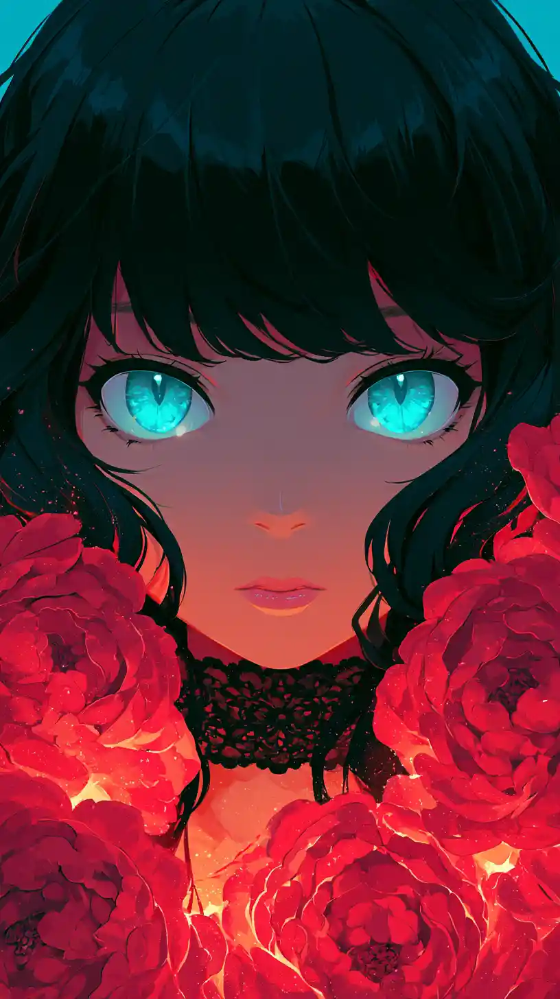 Anime girl portrait with cyan eyes and red flowers