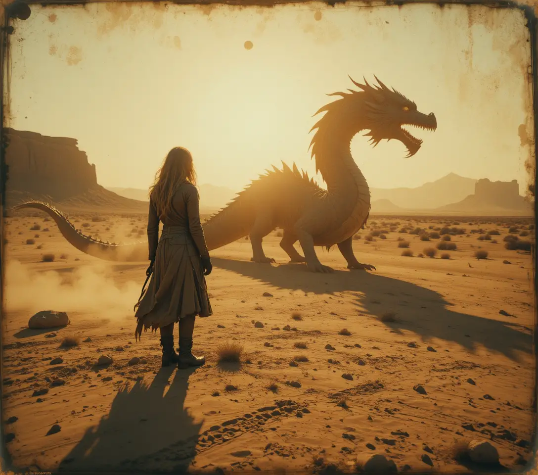 Cowgirl On Dusty Mesa With Dragon Shaped Shadow