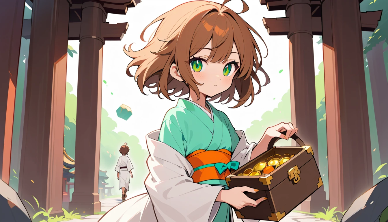 Garota de anime de yukata branca caminhando por caminho do templo