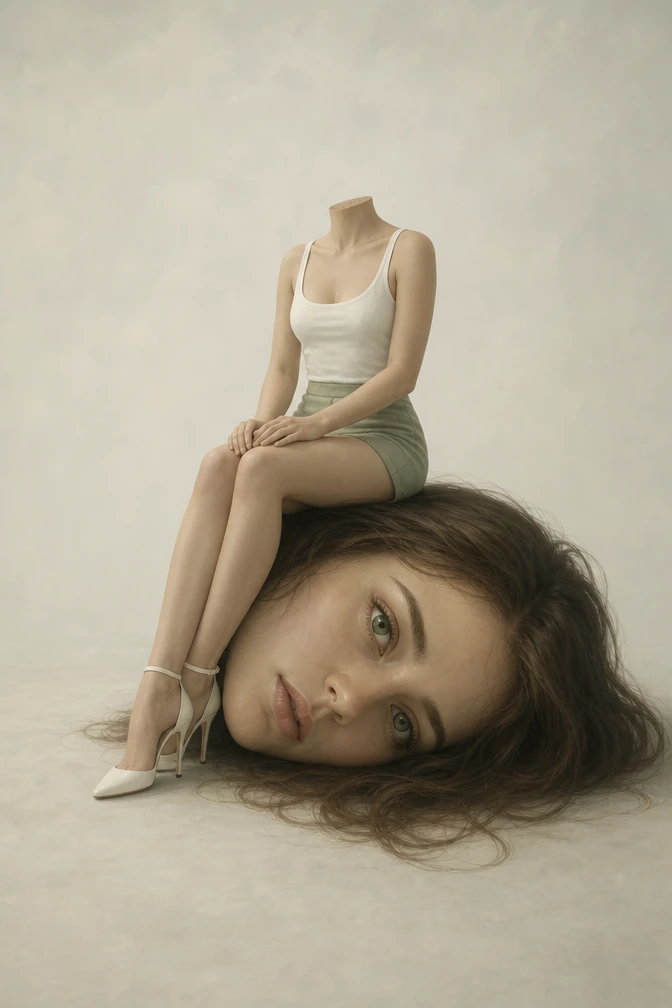 Mujer sin cabeza sentada sobre su propia cabeza separada y gigantesca