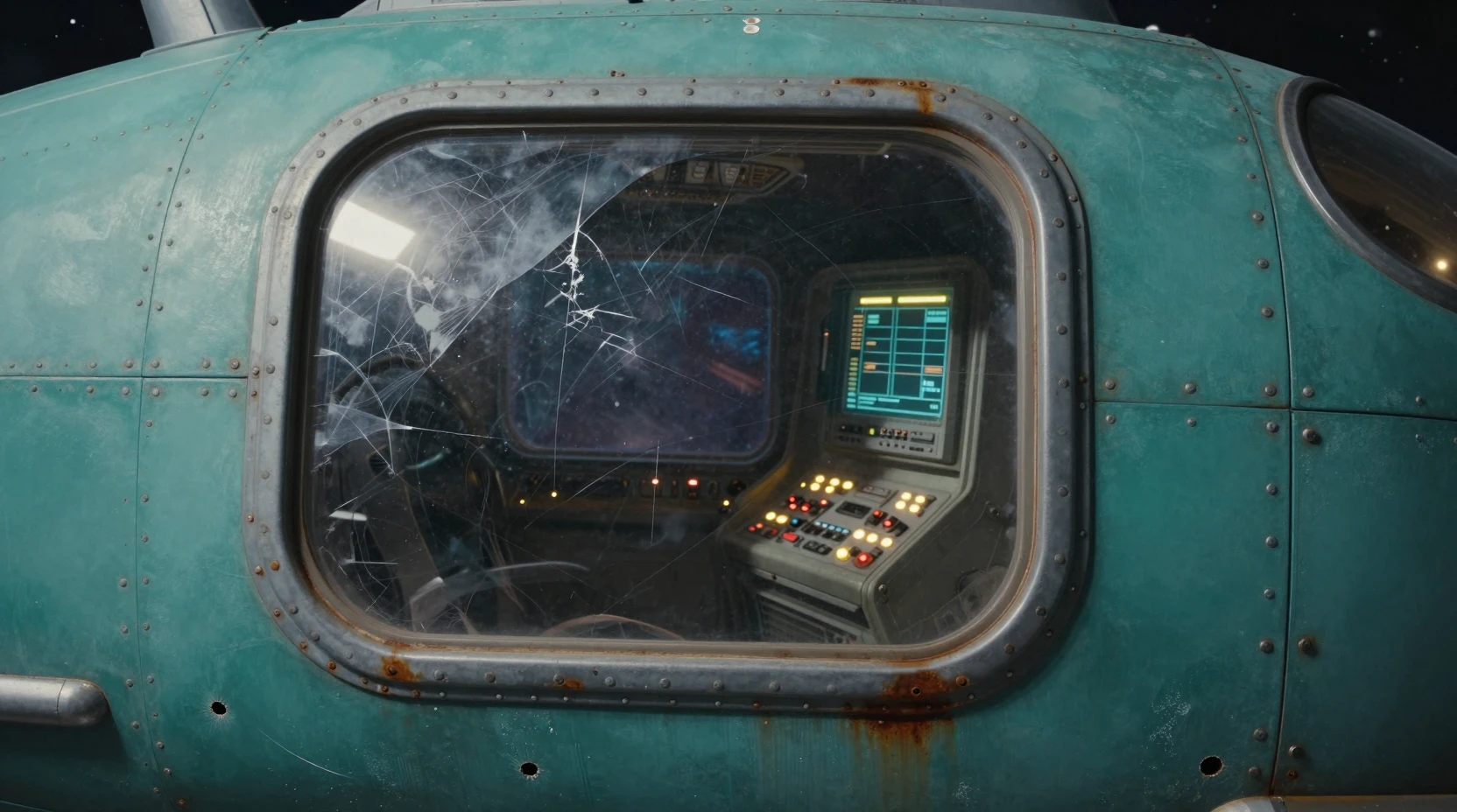 Cockpit di astronave verde petrolio invecchiato con pannello di controllo danneggiato