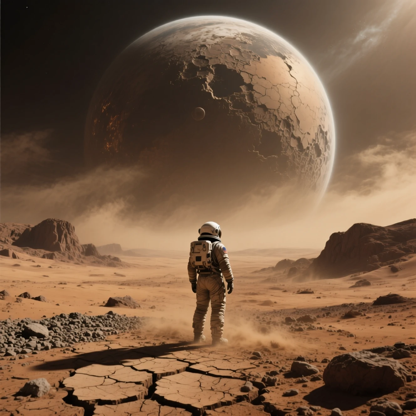 Einsamer Astronaut in trostloser Wüste unter einem riesigen Planeten