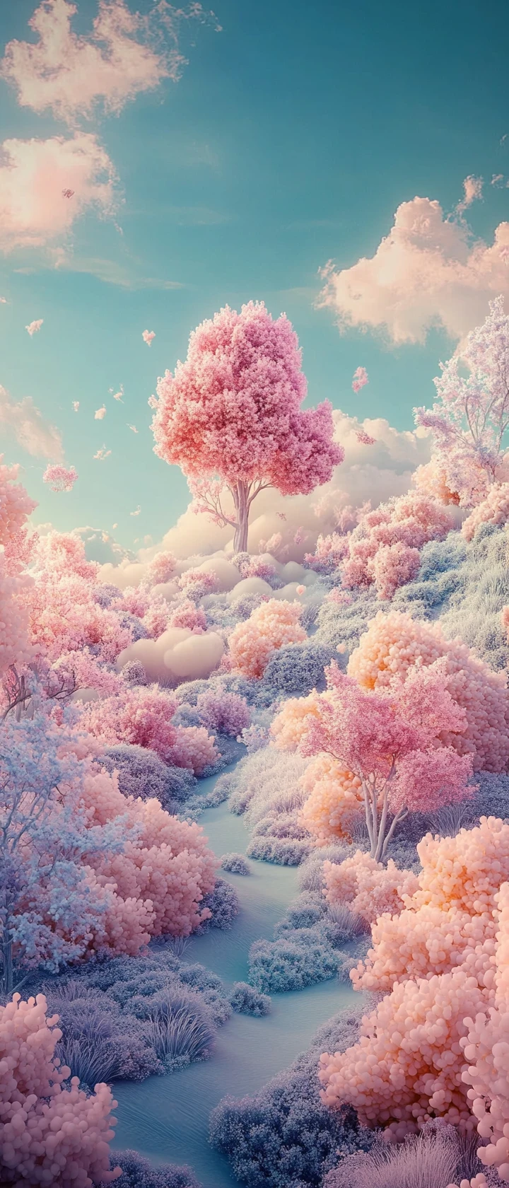 Paisagem barroca surreal com paleta vibrante de cores em tons pastéis