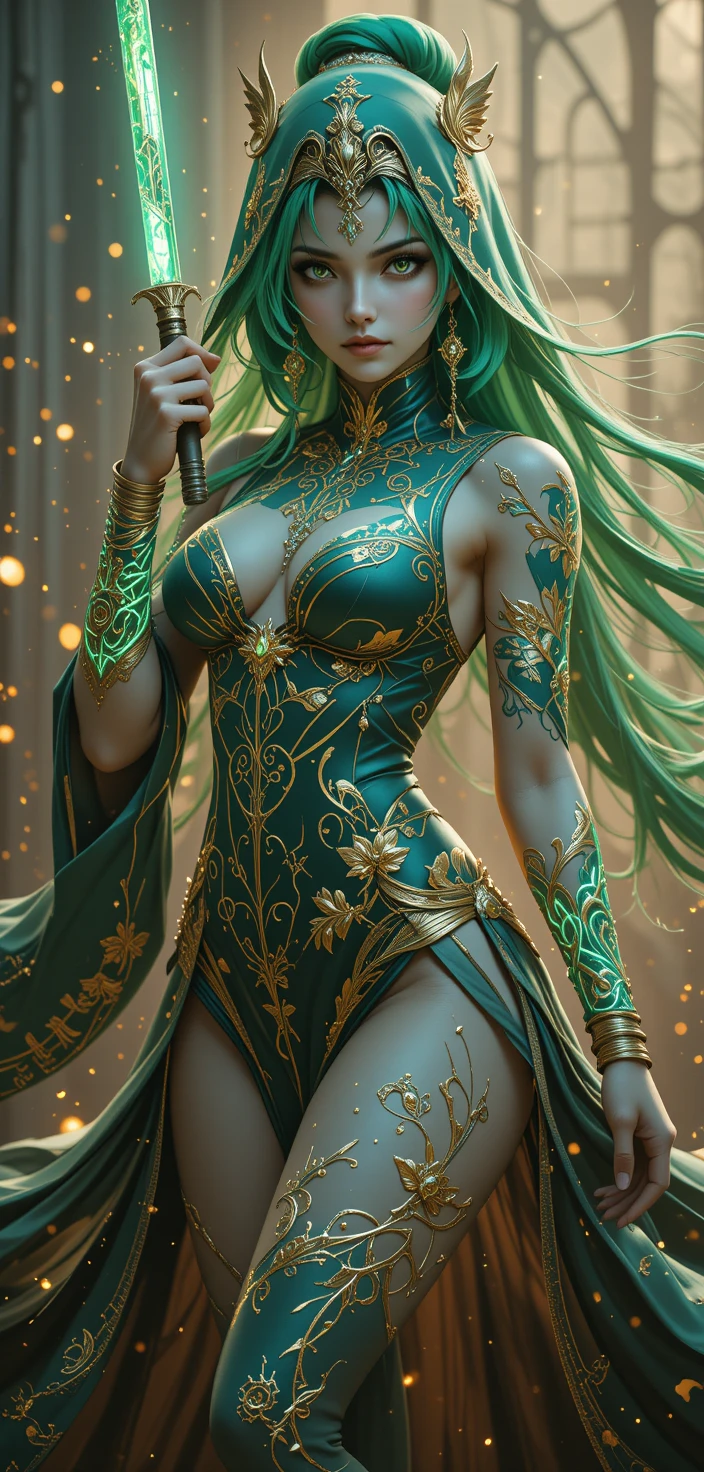 Guerrera emperatriz de llamas de anime con katana brillante lista para atacar
