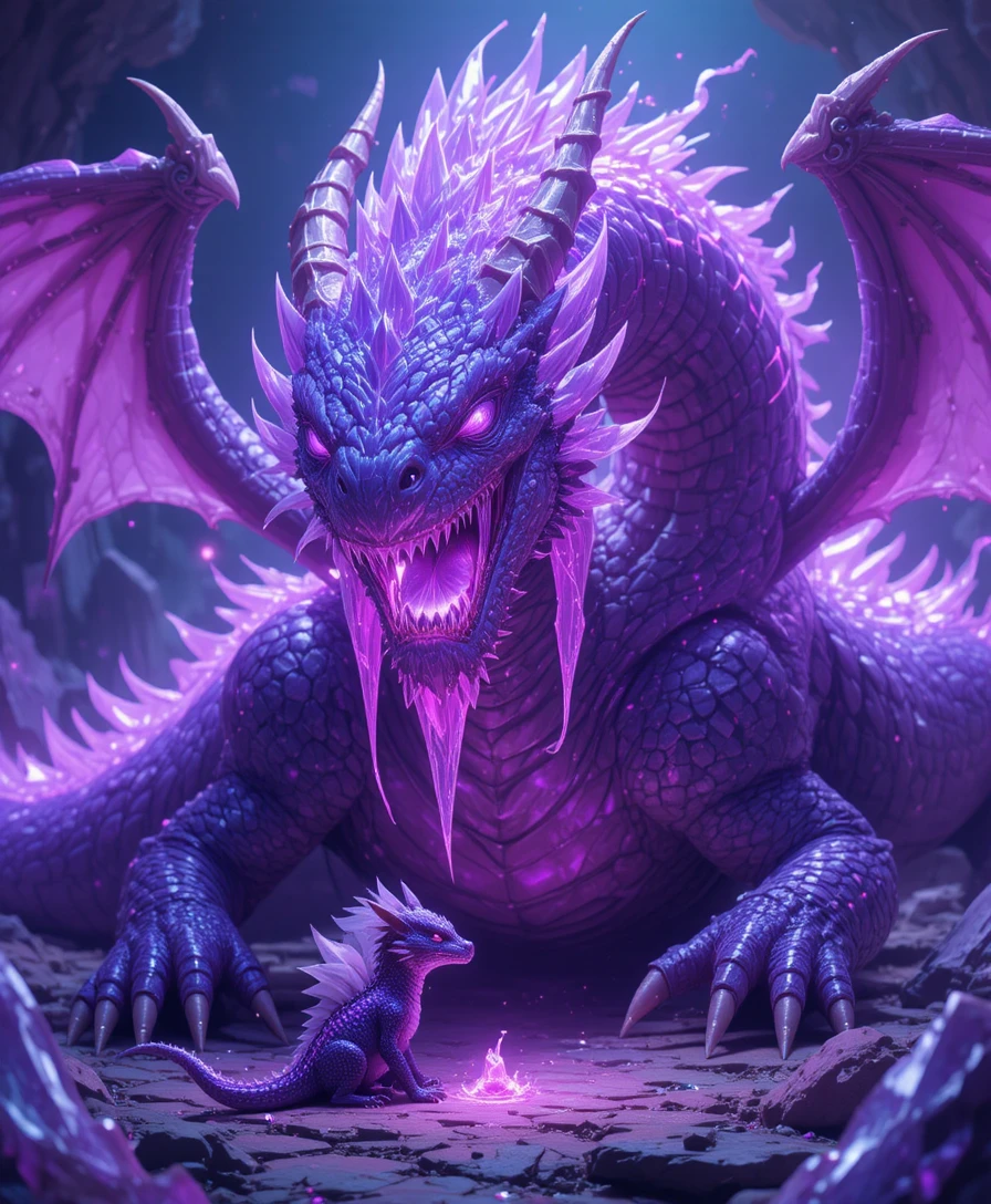 Dragão de cristal adormecido em caverna de fantasia anime brilhante