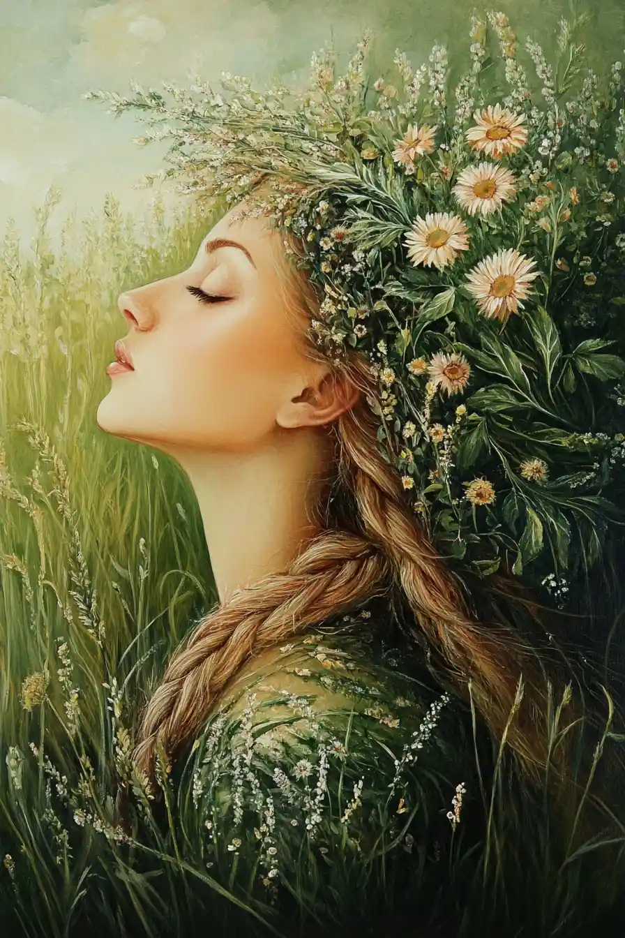 Surrealistisches Gemälde einer Frau, die die lebendige Sommernatur verkörpert