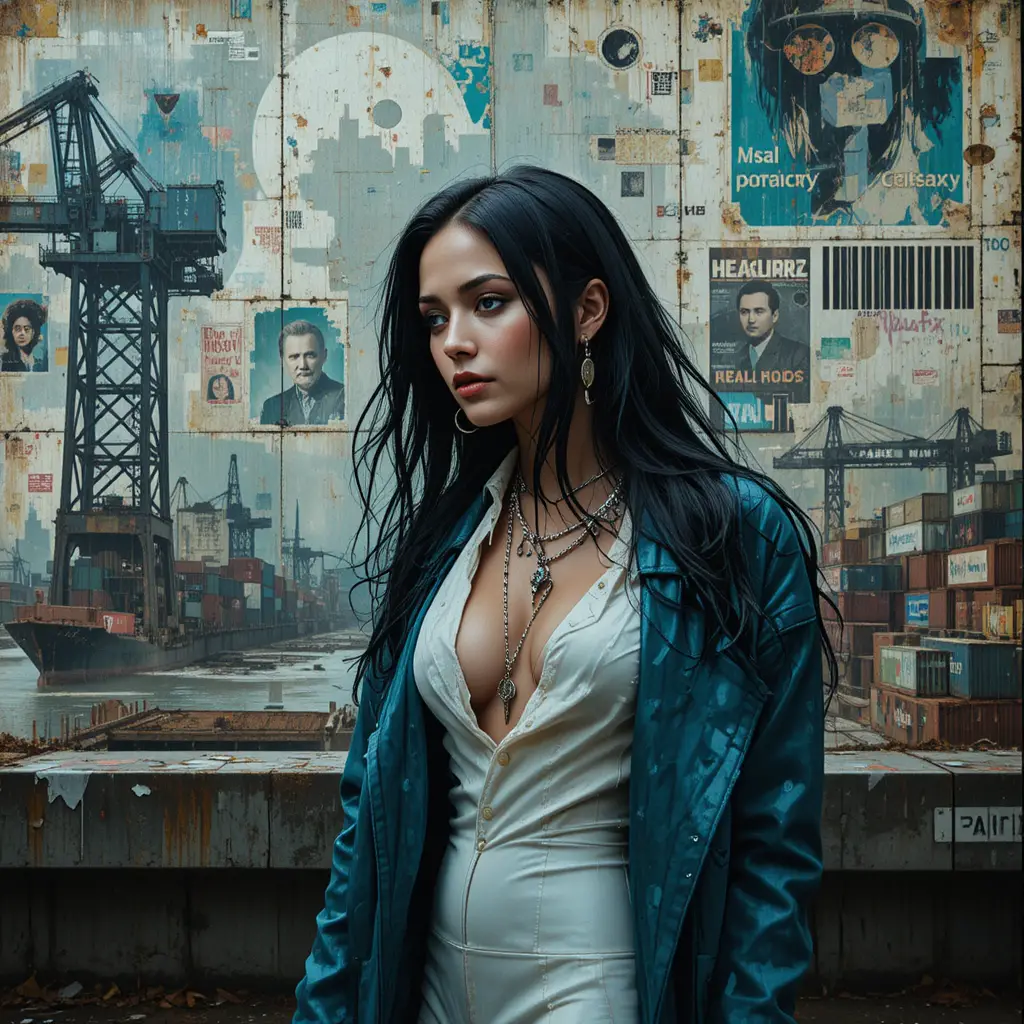 Cyberpunk woman beside holographic mural in industrial harbor