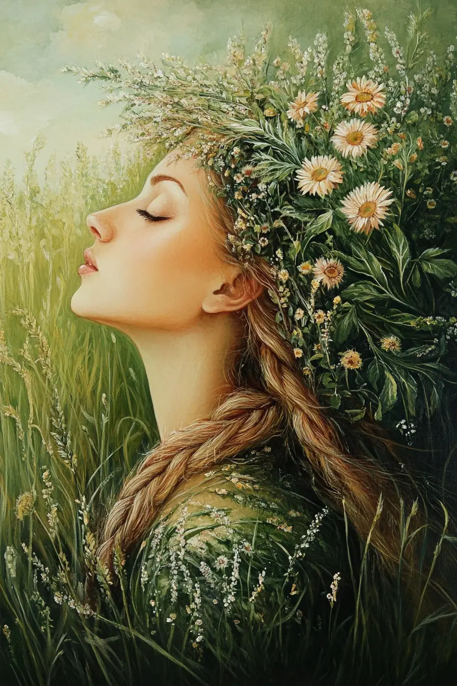 Surrealistisches Gemälde einer Frau, die die lebendige Sommernatur verkörpert