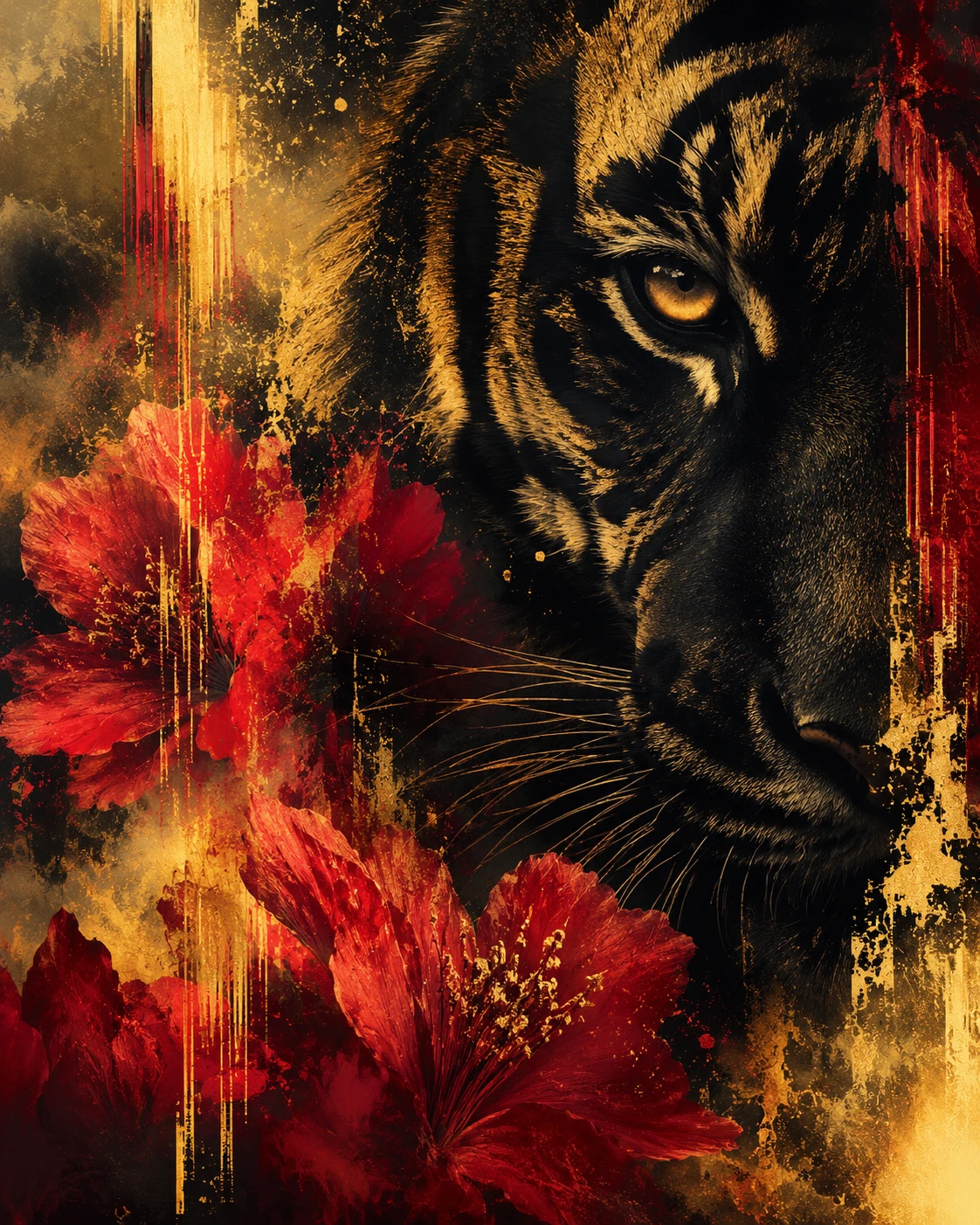 Nahaufnahme eines schwarzen Tigers mit goldenen und roten floralen Details