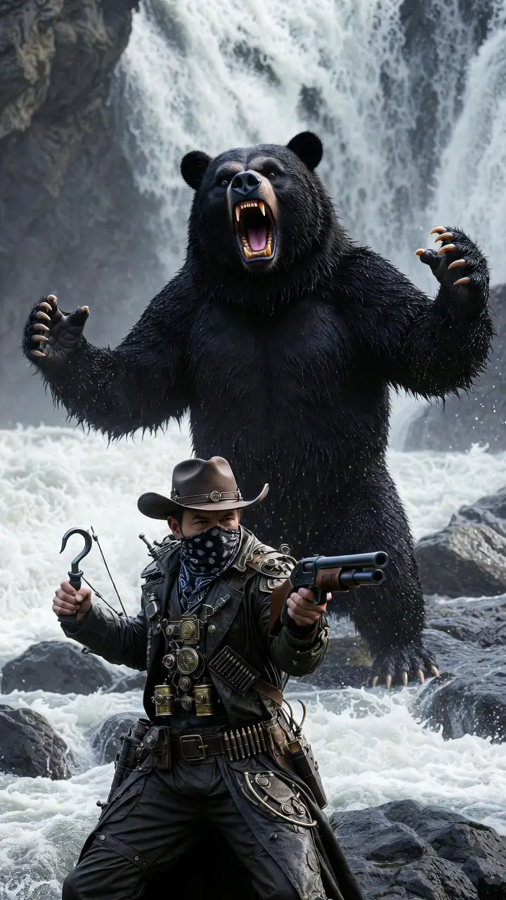 Enraged bear monster roaring beside a wild waterfall