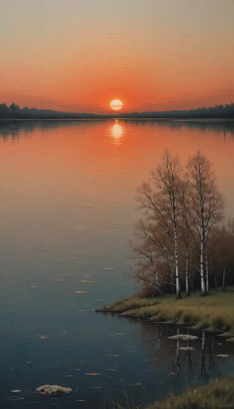 抽象湖景：夕陽倒影與樹木