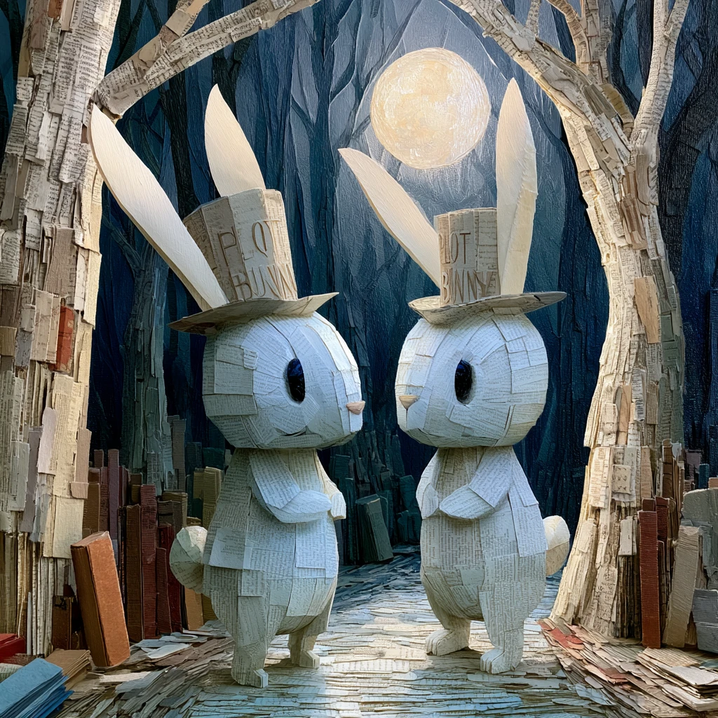 Dois coelhos de papel em uma floresta fantástica de livros ao luar