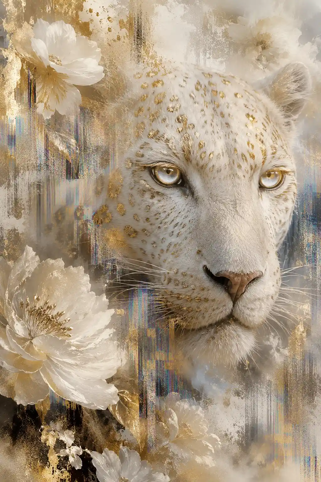 Leopardo bianco in primo piano con dettagli floreali dorati
