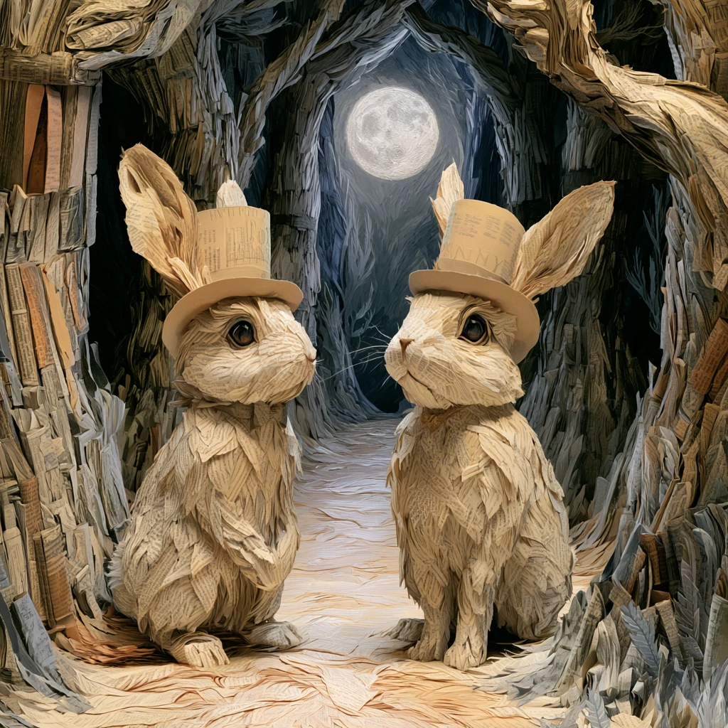 Lapins de papier sur un sentier de forêt de livres au clair de lune