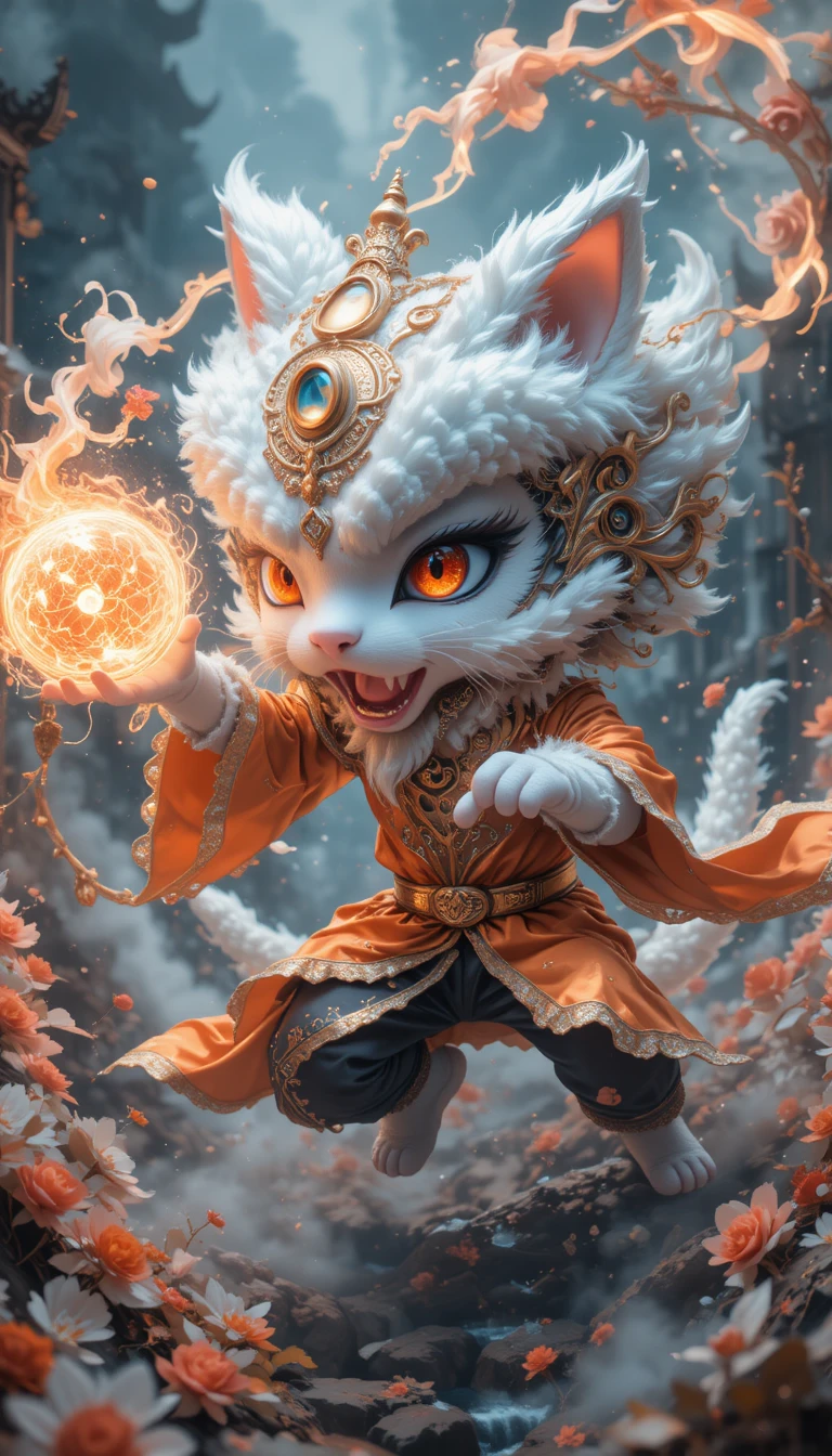 Chat fantastique en costume de danse du lion avec orbes d’énergie lumineux