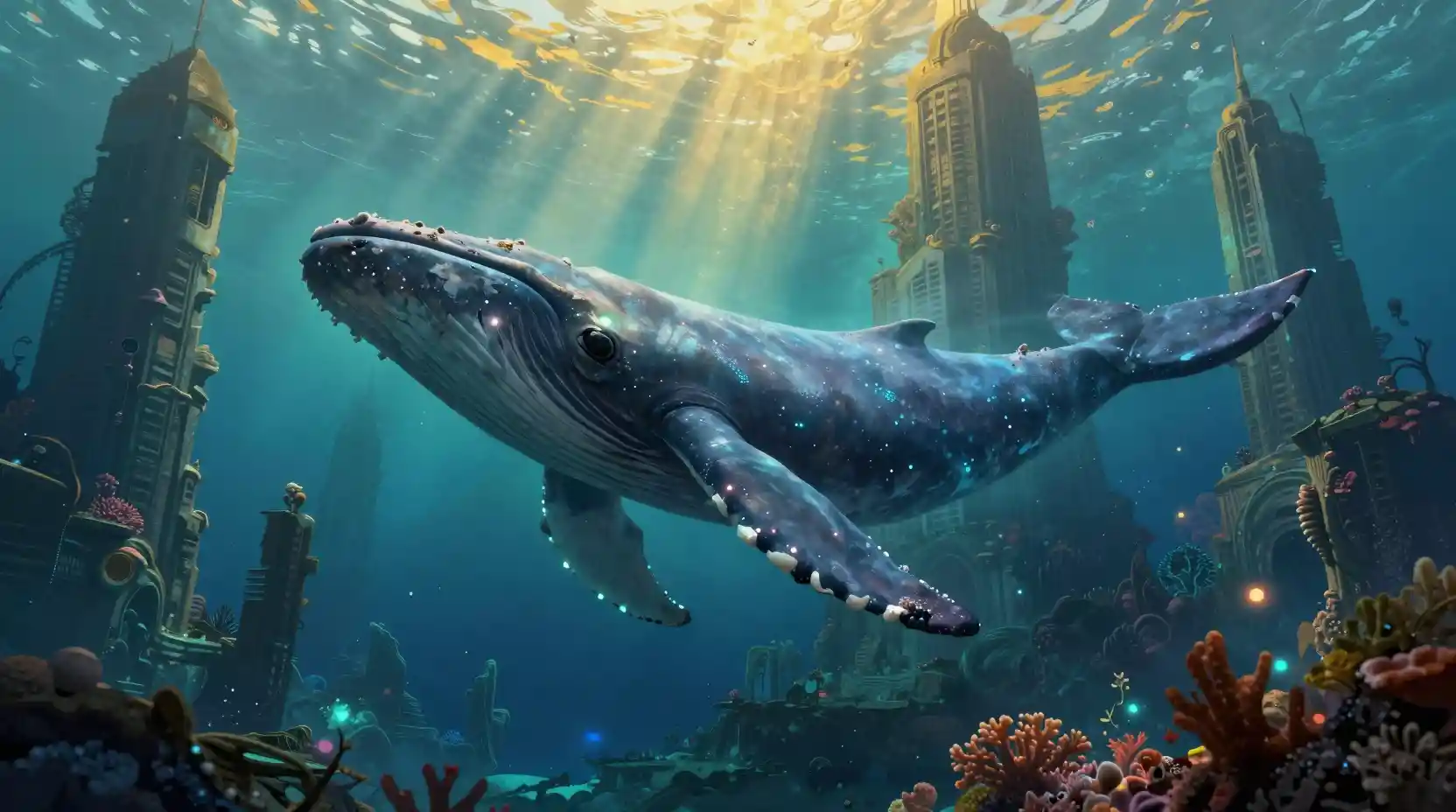 Ancient whale gliding through a ruined underwater metropolis