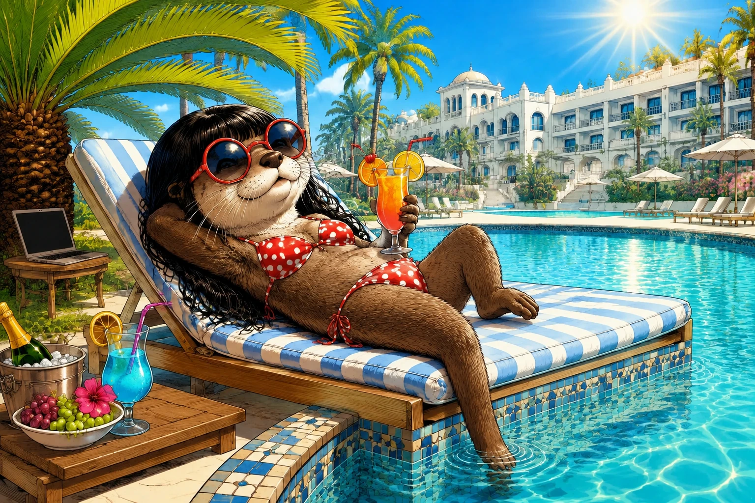 Otter steht an einem Swimmingpool mit einer Pfote im Wasser