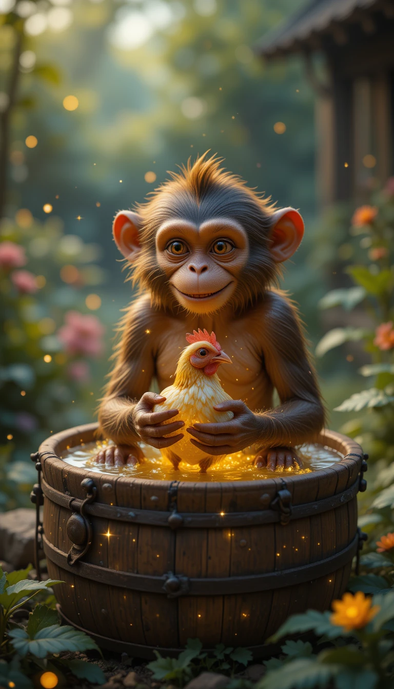 Fröhlicher Affe badet nachts in einer Wasserzuber im Garten
