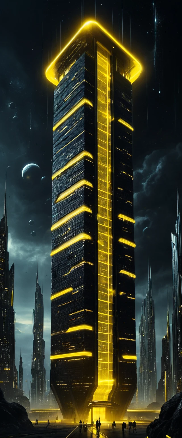 Grattacielo nero futuristico che brilla con luci al neon gialle