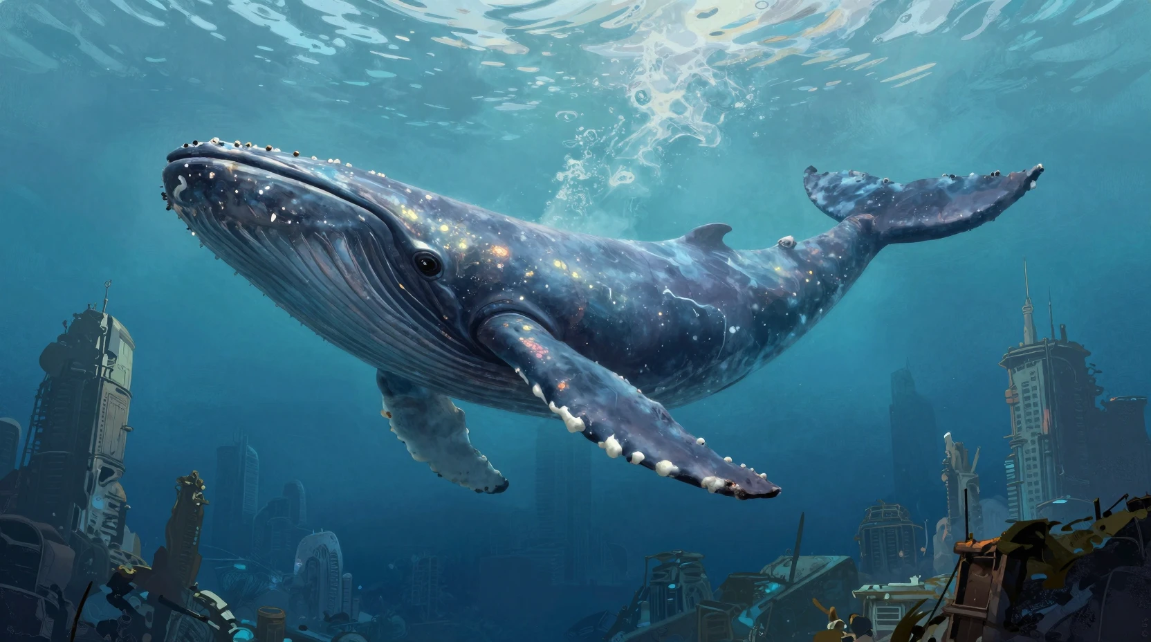 Baleia ancestral deslizando por uma metrópole subaquática em ruínas