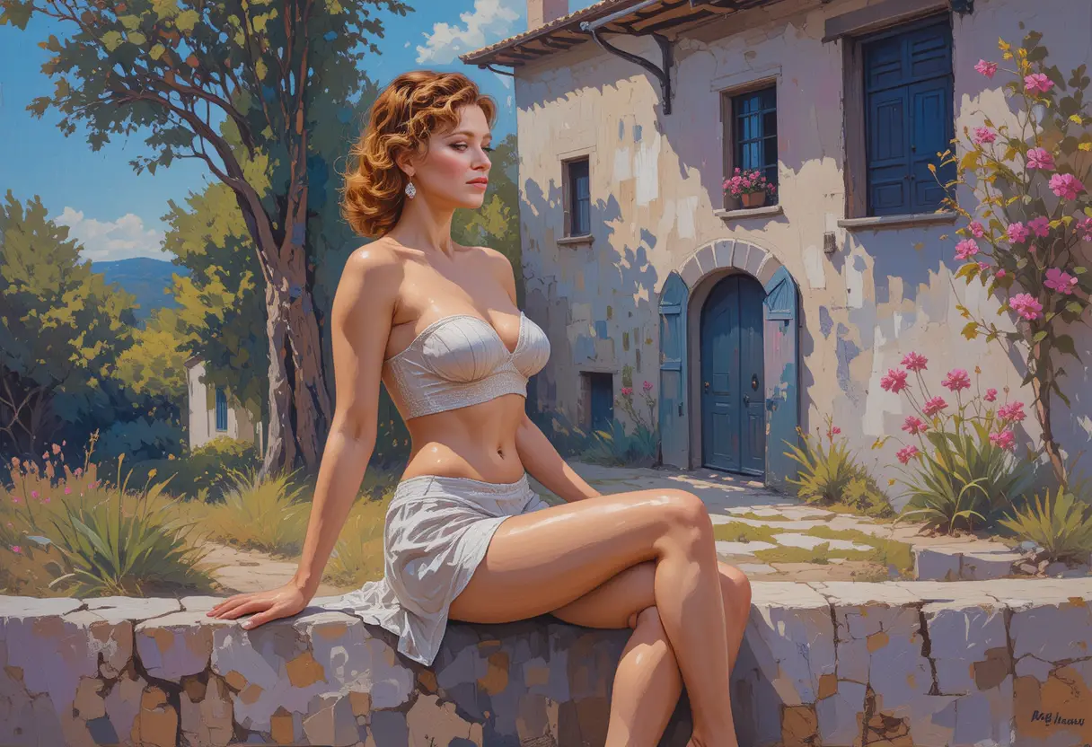 普羅旺斯農舍旁矮牆上的棕髮復古 pin-up 女郎