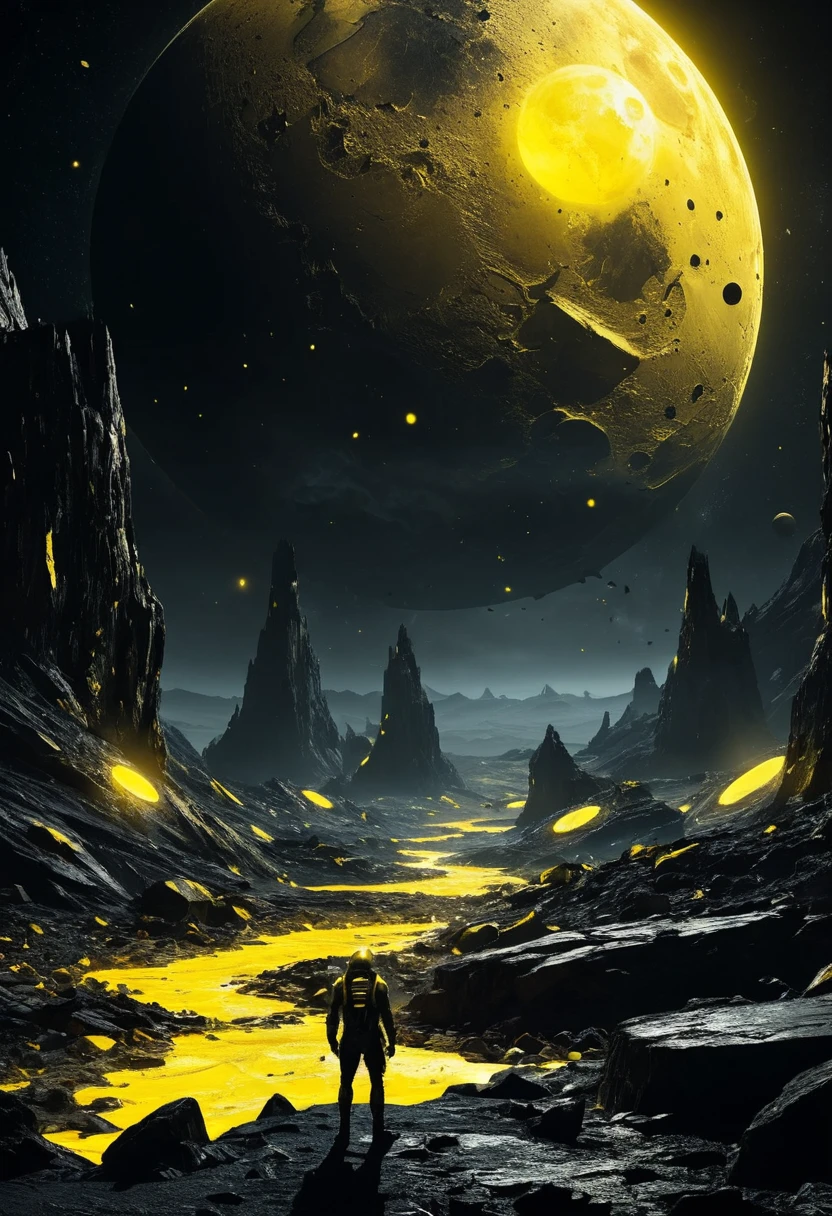 Paisagem alienígena rochosa futurista sob uma lua amarela estilhaçada