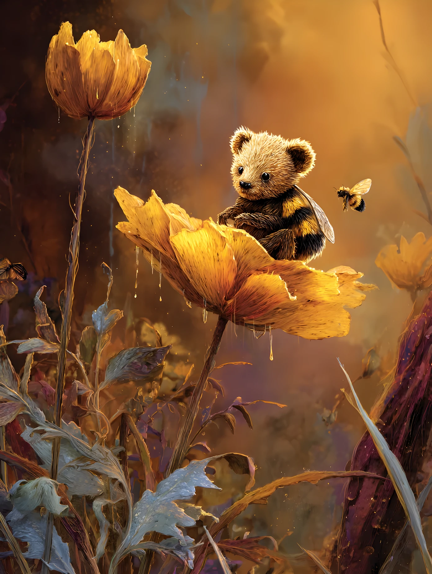 Urso-abelhão fantasioso descansando em uma flor ao nascer do sol