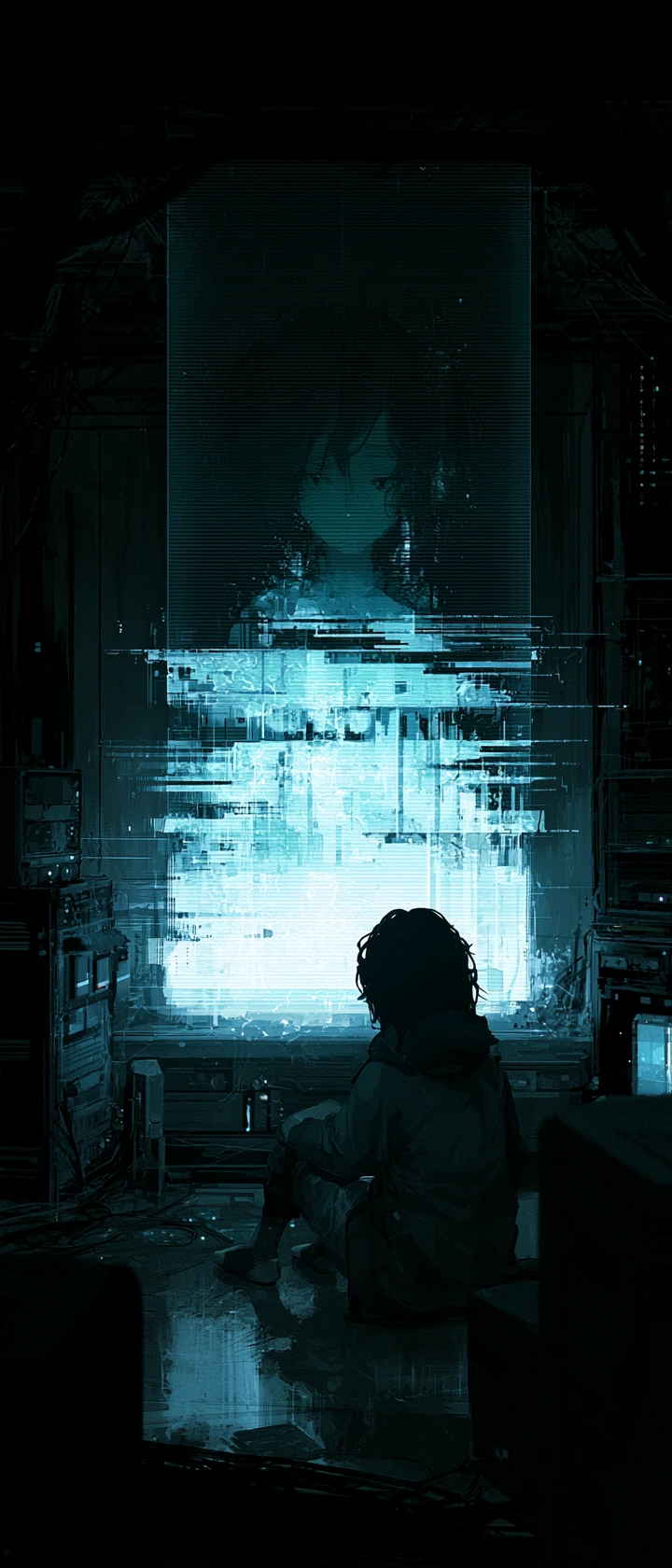 Donna e spirito in glitch in una stanza anime illuminata al neon