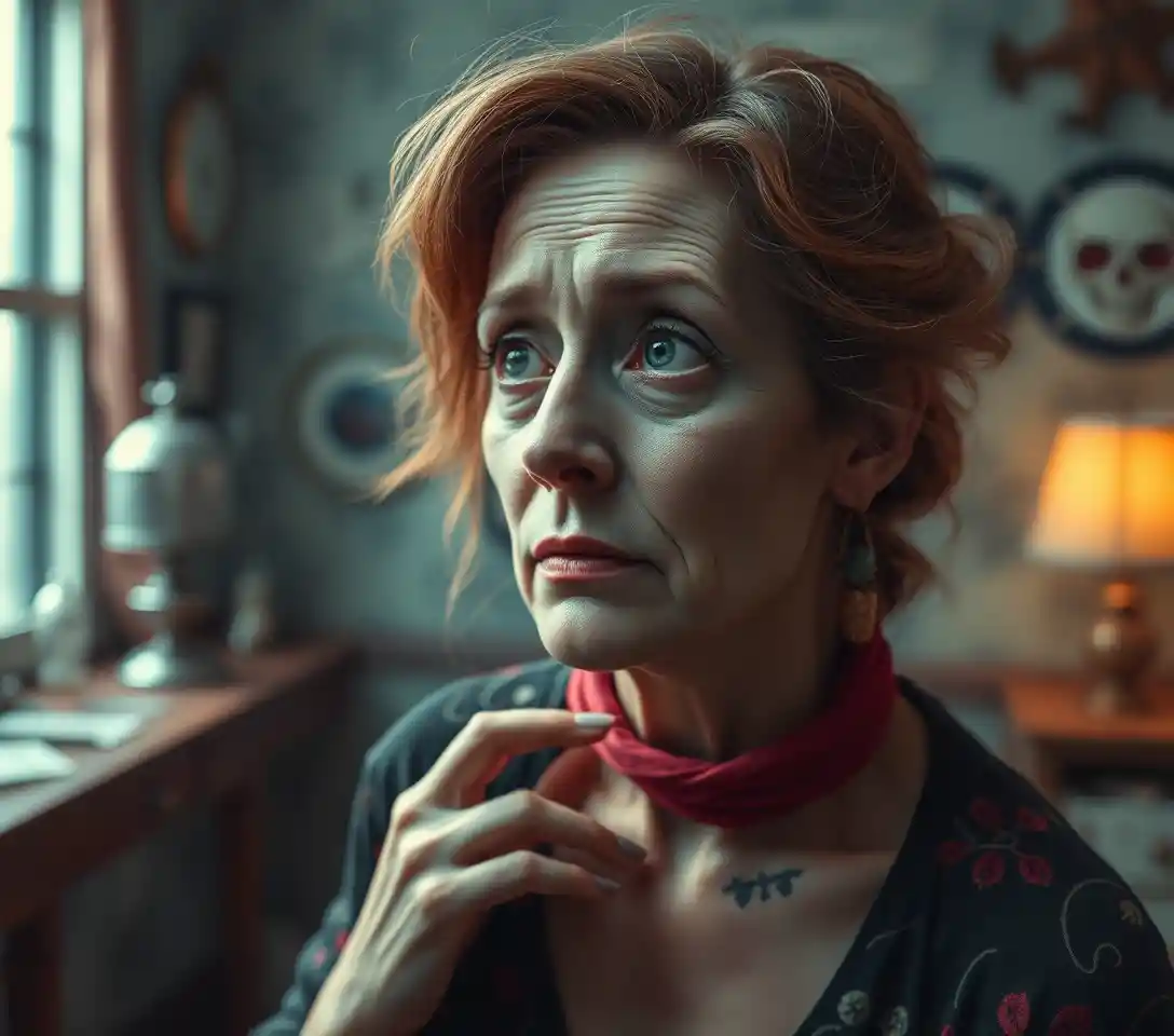 Anxious surreal woman in a playful comic horror scene