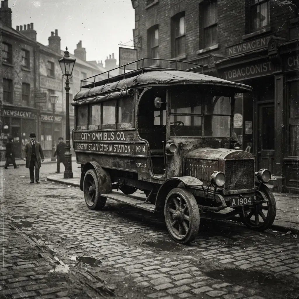 Bus des années 1900 patiné sur une rue urbaine délavée