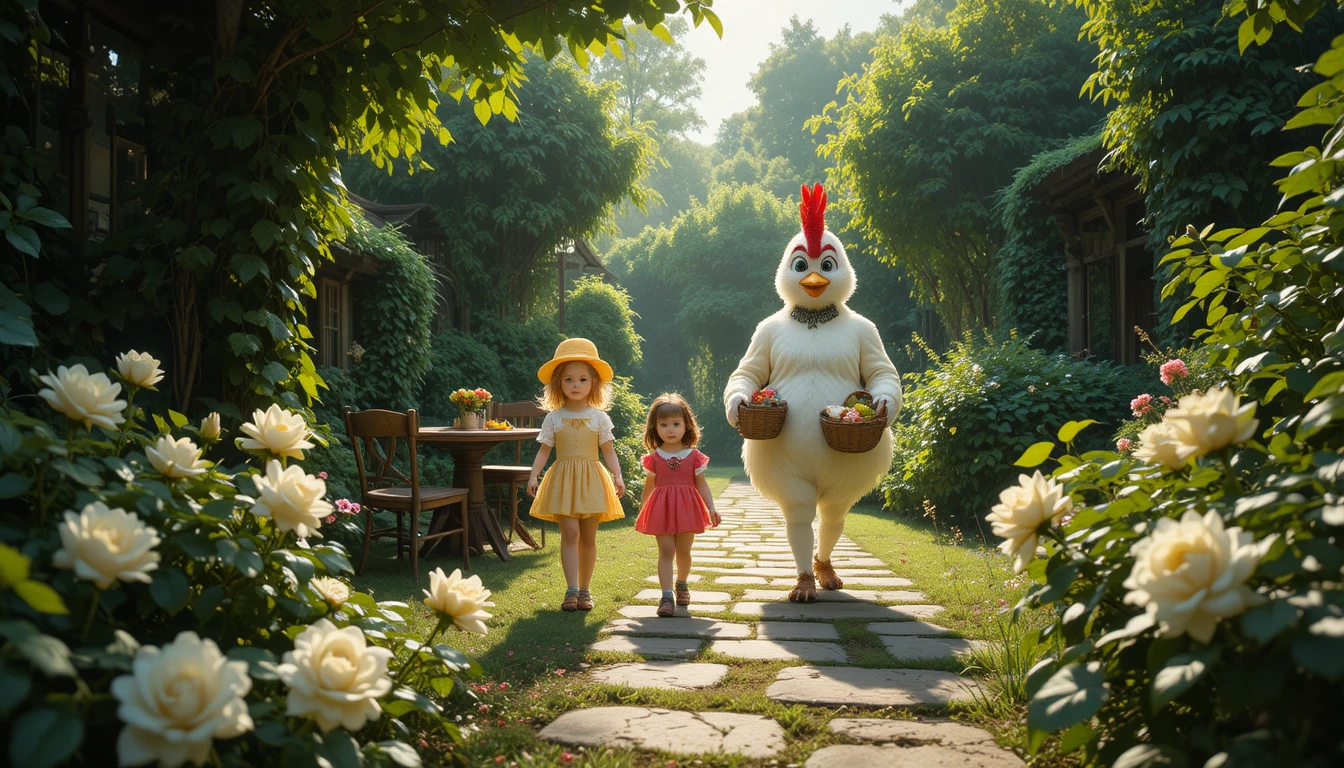 Enfants et personnage costumé marchant dans un jardin ensoleillé