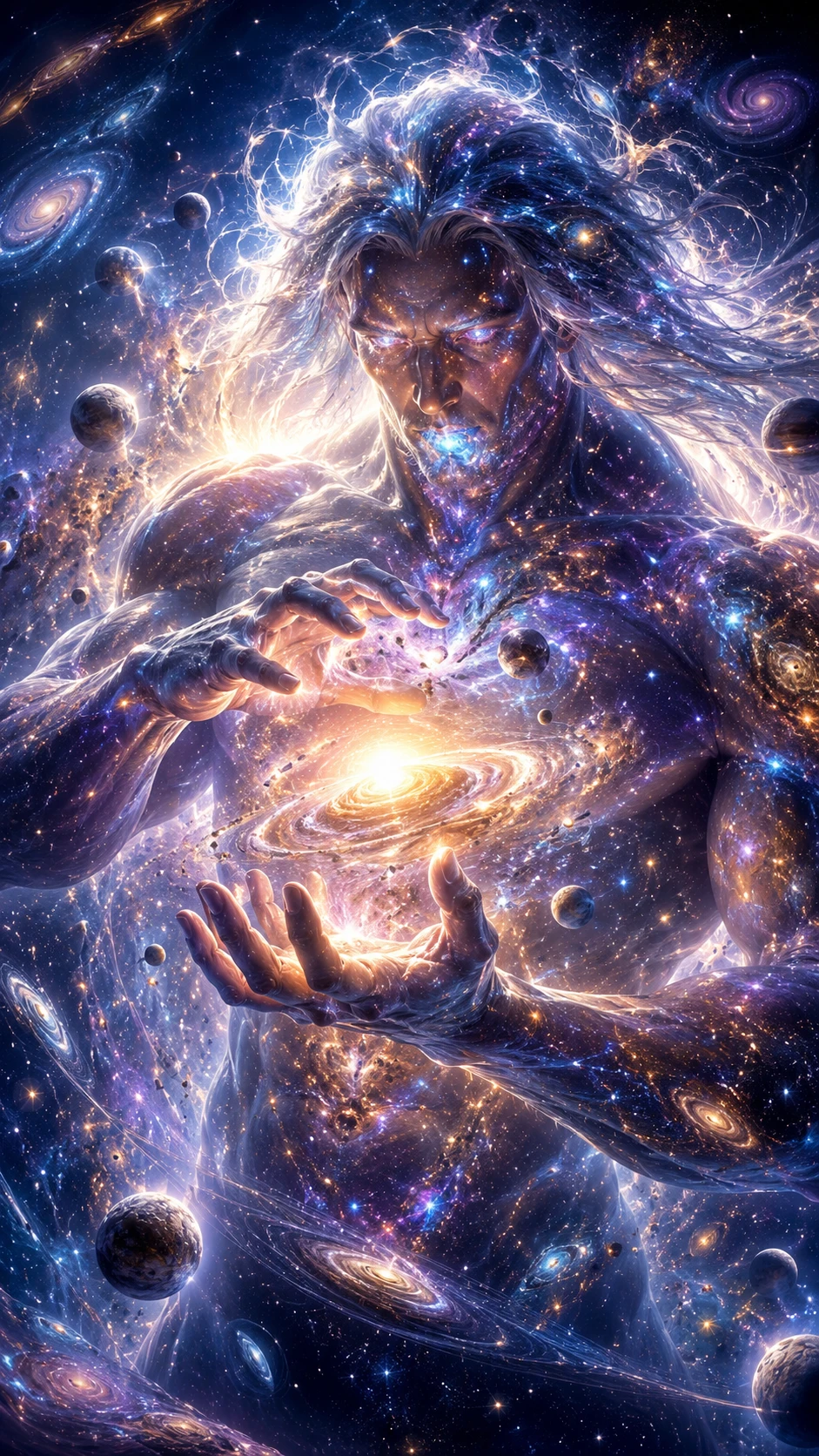 Homem cósmico fundindo-se com o universo e moldando novos mundos