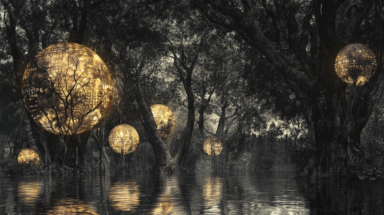 Uralte Bäume, die aus spiegelndem Wasser im surrealen Licht aufragen