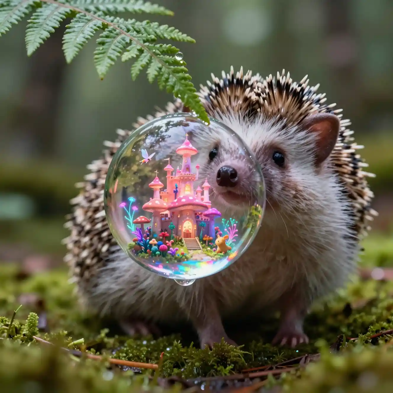 Cute Hedgehog Watching A Magical Droplet In Forest