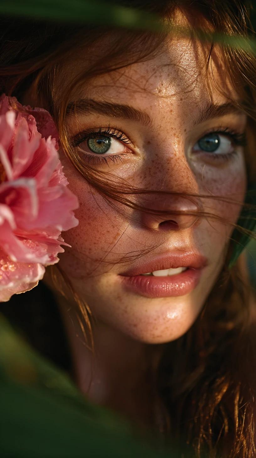 Retrato de jovem mulher em jardim botânico na hora dourada