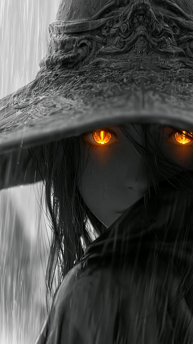 大雨の中で目を光らせるアニメ風魔女少女