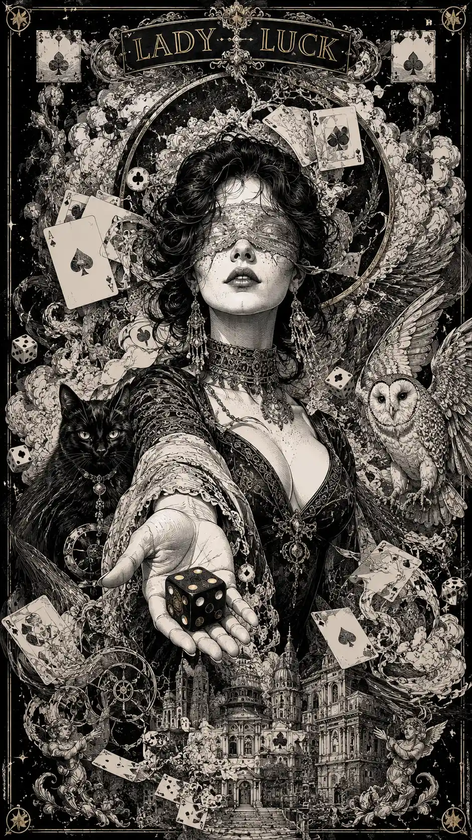 幸運女神墨畫插畫與超現實幻象