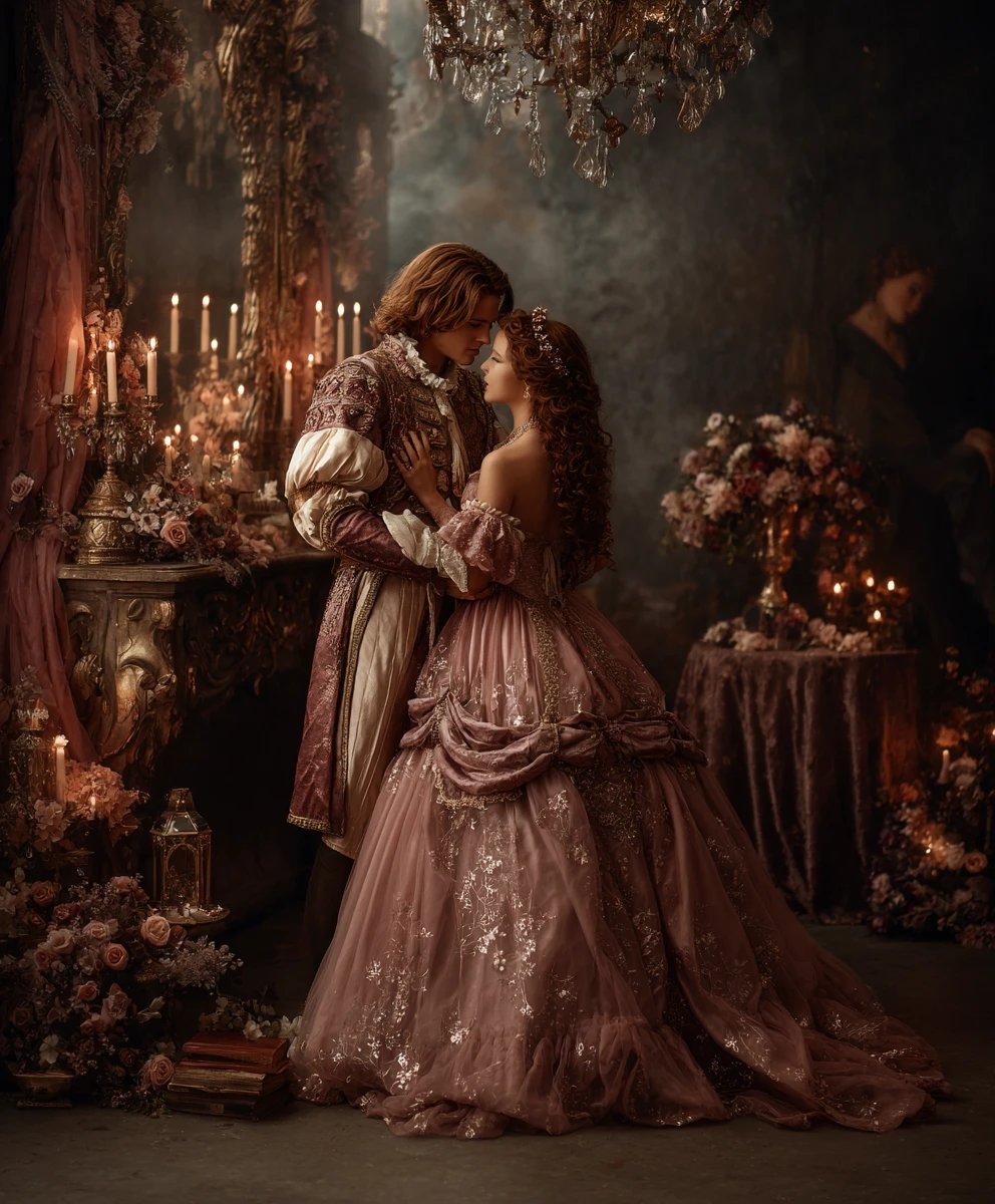 Couple royal de fantasy romantique dans un château baigné d’une douce lumière de bougies